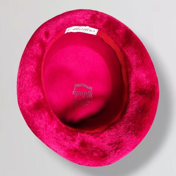 Vintage 50s Red Plush Fur Felt Hat Wide Brim Bow Cocktail Church Size 7 1/4 main image 10